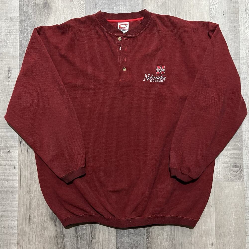 VTG Cadre Athletic Nebraska Huskers Red College Henley Sweatshirt 90s Sz XL